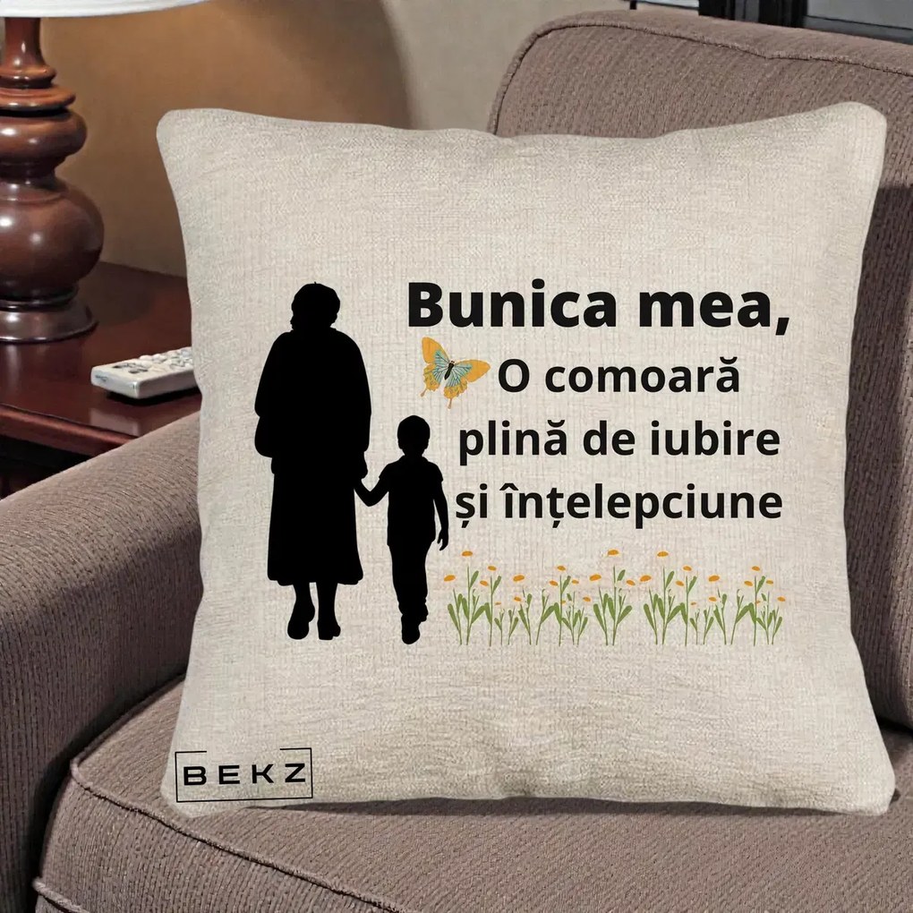 Cadou pentru Bunica - Perna Personalizata Bunica Mea Comoara cu Fluture si Baietel, 40x40 cm, Bej Canapea, Husa Detasabila, Perna Inclusa, BEKZ®
