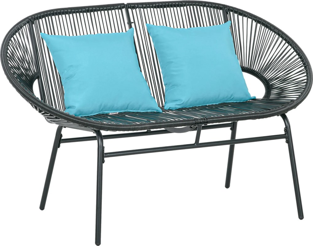 Outsunny Bancă de grădină cu 2 locuri din metal și sfoară din rășină cu 2 perne - dim. 132L x 72l x 83Î cm - negru | Aosom Romania