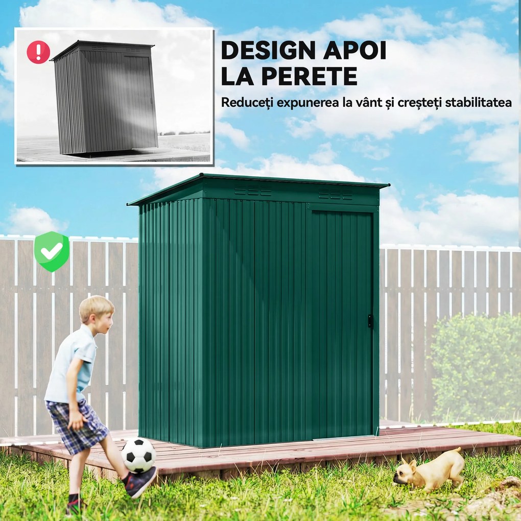 Outsunny Căsuță de Grădină 1.37m² din Metal, Montare Ușoară, Spațiu de Depozitare Unelte Grădină cu Ventilație, Ușă Culisantă, Acoperiș Înclinat și Mănuși, 159x106x181 cm, Verde | Aosom Romania