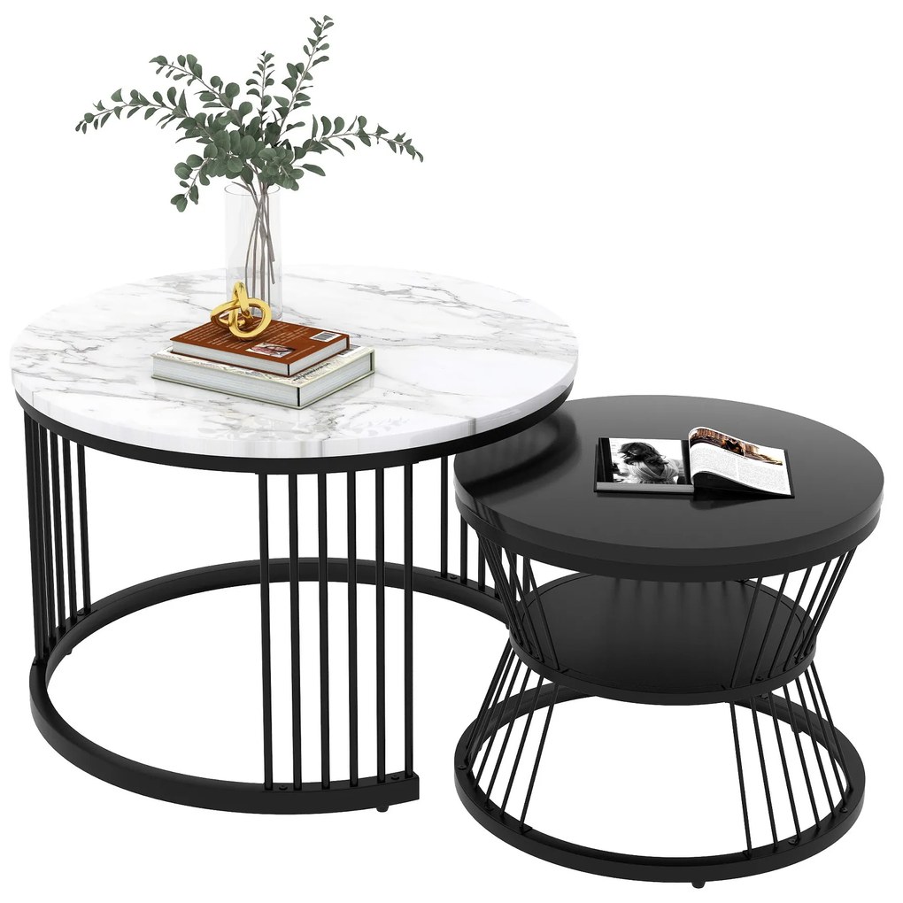 Set 2 Mese de Cafea Moderne cu Îmbinare, Negru+Alb | Aosom Romania