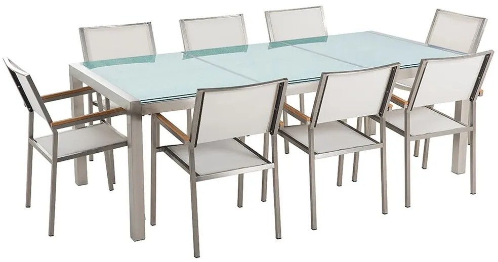 Set de masă pentru grădină Grosso (alb) (blat din sticlă 210x100 cm) (scaune albe). 1011752