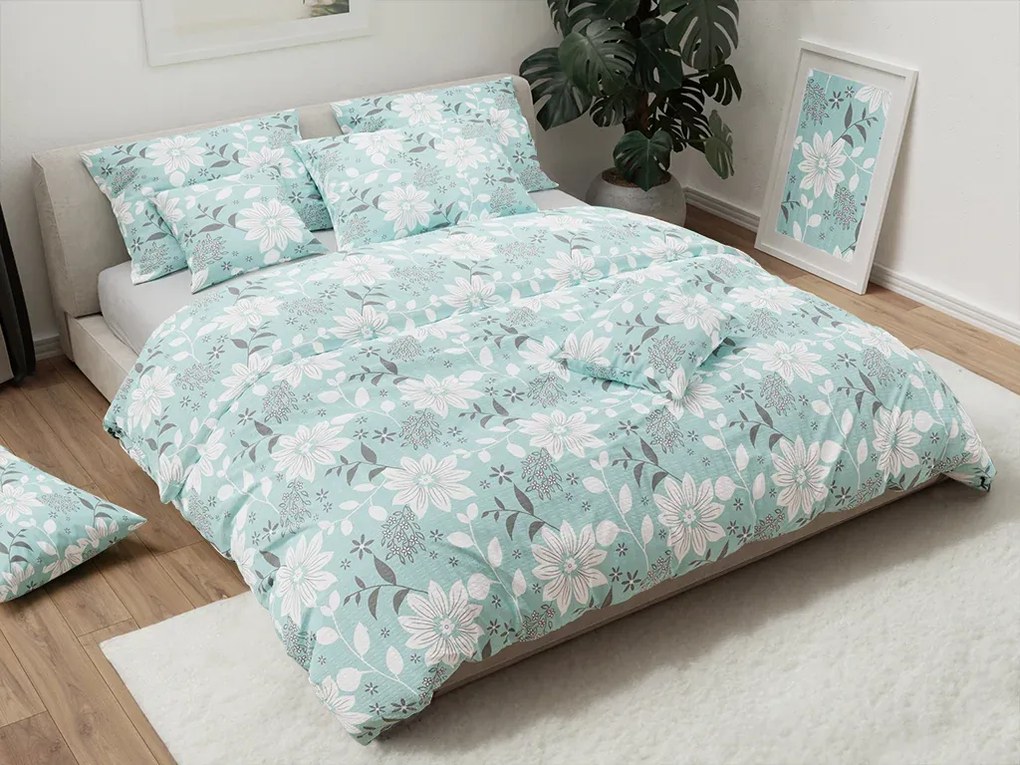 Set lenjerie de pat krep GABRIELA albastru + cearsaf Jersey 90 x 200 cm alb, pat single