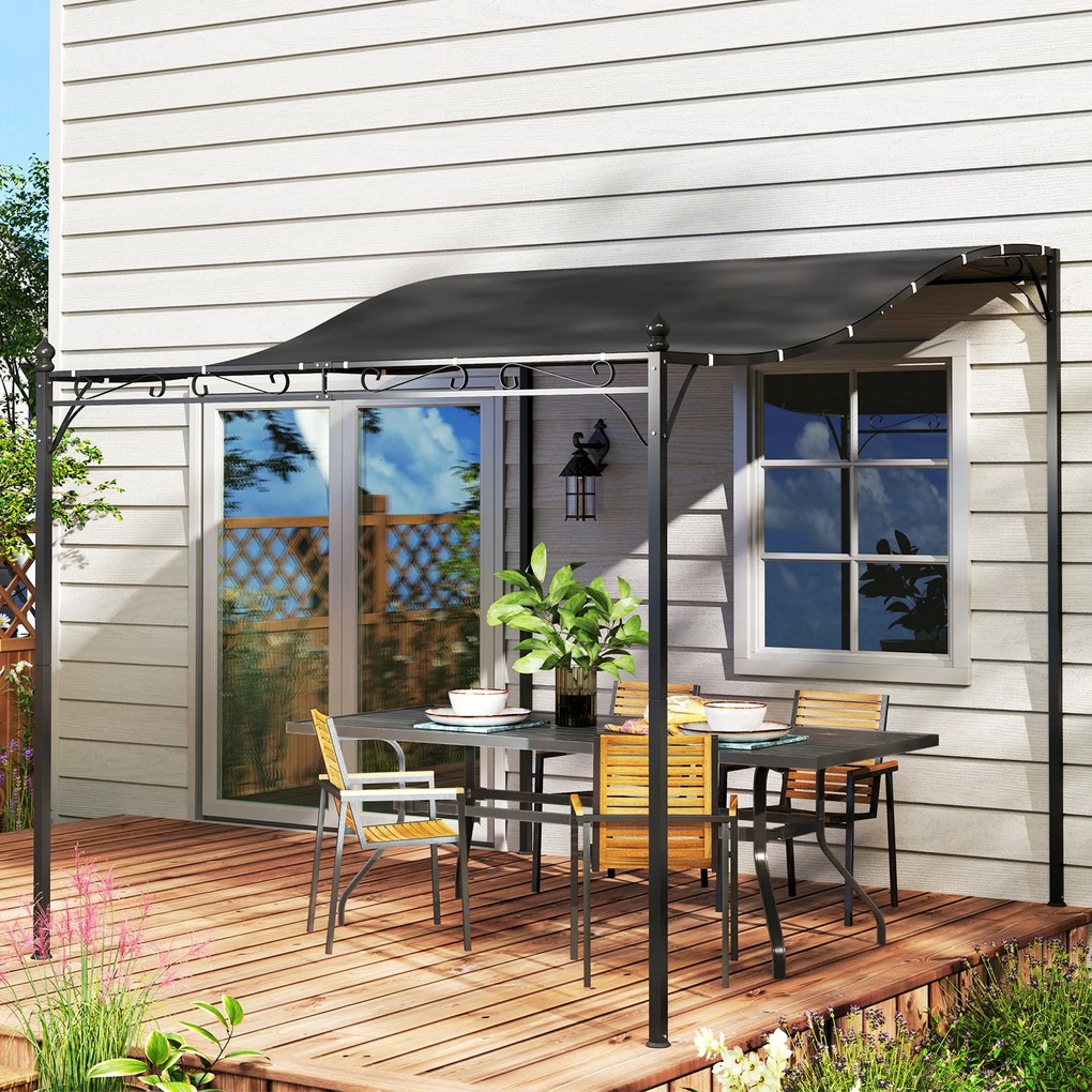 Outsunny Pergolă 2,5 x 3 m, pavilion de grădină montat pe perete, rezistent la apă, cadru metalic, orificii de scurgere, acoperiș de umbră, gri închis | Aosom Romania