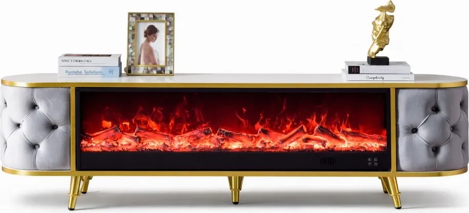 Șemineu electric cu efect LED realist cu 12 culori, Comodă TV cu design oval, control vocal și telecomandă, fără încălzire, 180 cm, Gri