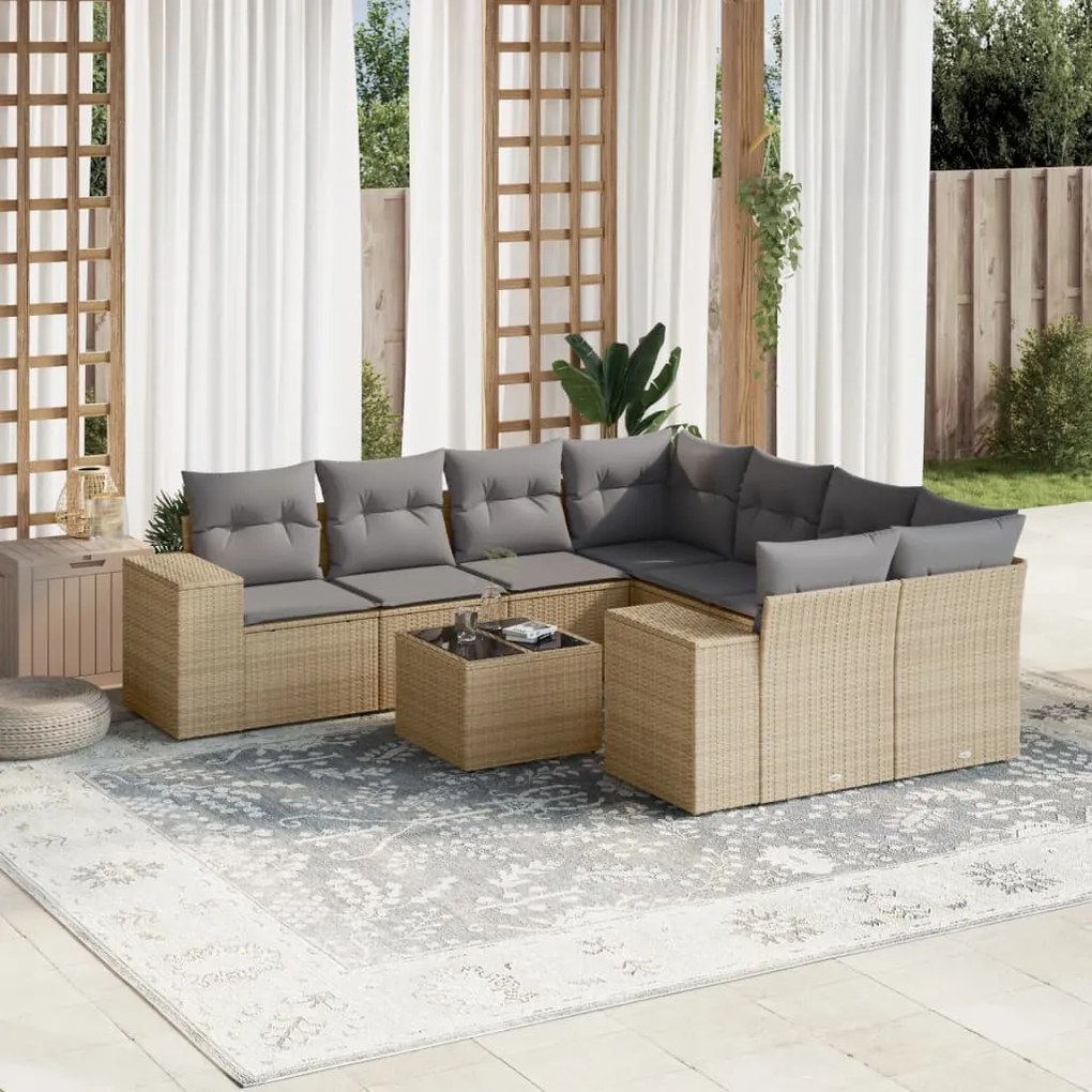 vidaXL Set canapele de grădină, 9 piese, cu perne, bej, poliratan