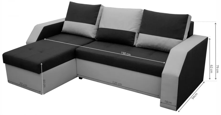 Coltar extensibil Madrid, 226x145x79 cm, 2 lazi depozitare, Reversibil, Gri/Negru