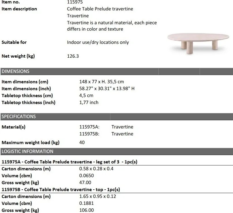 Masuta din travertine design LUX Prelude 148x77cm