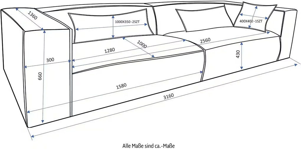 Canapea fixă XXL, culoare crem, material velur catifelat, 316 cm lungime