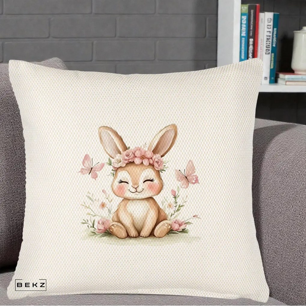 Perna Decorativa Iepuras cu Coronita Florala Roz, 40x40 cm, Crem Reliefat, Husa Detasabila, Perna Inclusa, BEKZ®