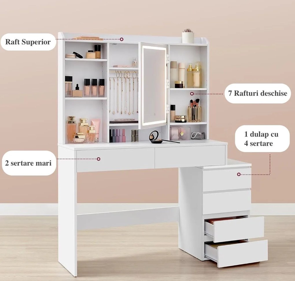Masuta machiaj cu Oglinda LED si 6 Sertare pentru Cosmetice, Set Masa toaleta 118 cm, Alb, masuta cosmetica, vanity - SEA95