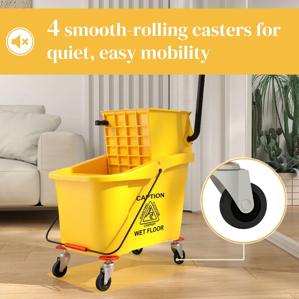 HOMCOM Cărucior de Curățenie Profesional de 36L cu Găleată pentru Mop, Storcător și Mâner, 55x37x65 cm, Galben | Aosom Romania