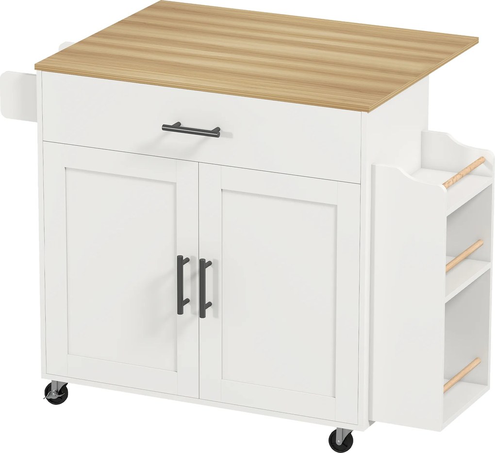 HOMCOM Insulă de bucătărie, cărucior pe roți, cu blat pliant, sertar, raft, 120 x 68 x 85 cm, Alb | Aosom Romania