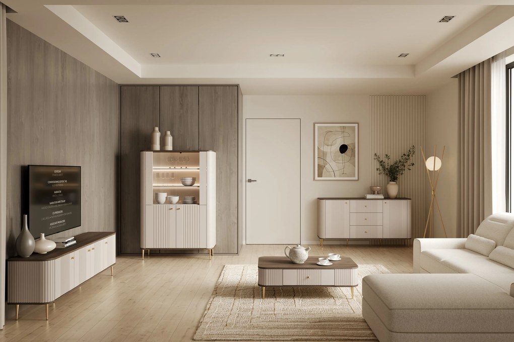 Vitrină cu patru uși Vesper 103 cm - cașmir / nuc / picioare aurii