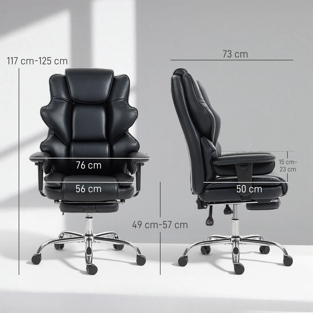 HOMCOM Scaun de birou cu suport pentru picioare și tetieră, din piele PU, spumă și metal, 76x73x117-125 cm, negru | Aosom Romania