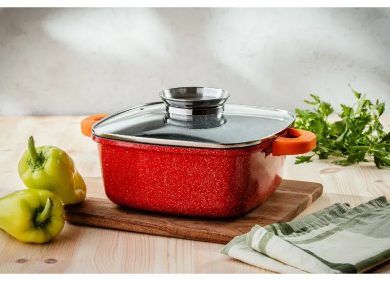 Cratita cu dozator Oliver Voltz OV54323B26A, Capac din sticla, 26 cm, 5.4 L, Acoperire granit, Inductie, Rosu
