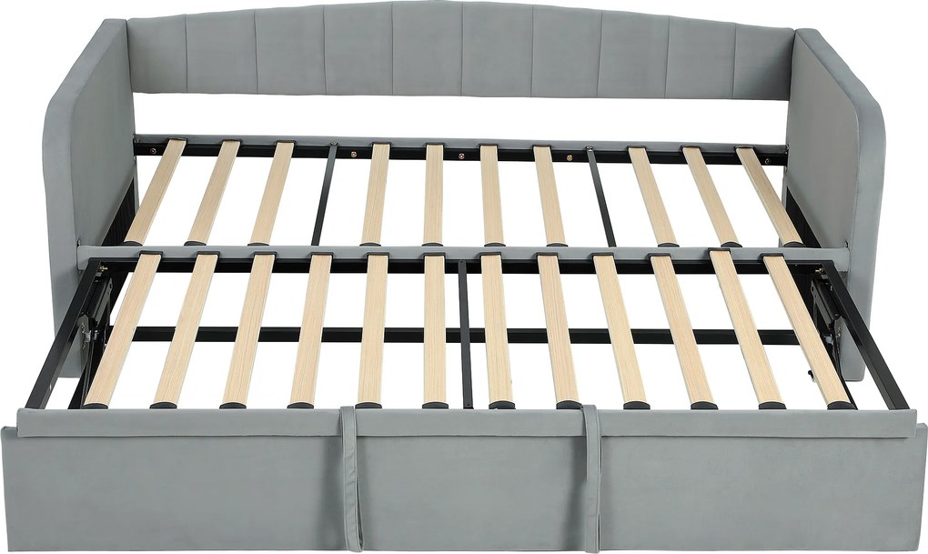 HOMCOM Pat Canapea 90/180x190 cm, Pat Extensibil Convertibil în Pat Dublu, Tapițerie, Cotiere, 2 Buzunare, Lamele din Plop, pentru Living sau Oaspeți, Gri Deschis | Aosom Romania