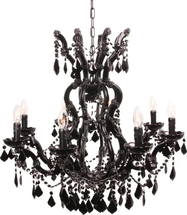 Candelabru din metal și sticlă, negru, cu 8 brațe tip lumânare și cristale negre, stil baroc, 78 x 73 cm, „Maria Theresa”