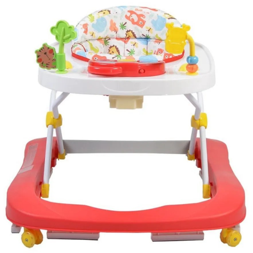 Premergator Premium reglabil in 3 trepte de inaltime NOVOKIDS™ ZooZoo Baby ,Roti silentioase din silicon, Cu melodii, Animalute, Pliabil, Rosu