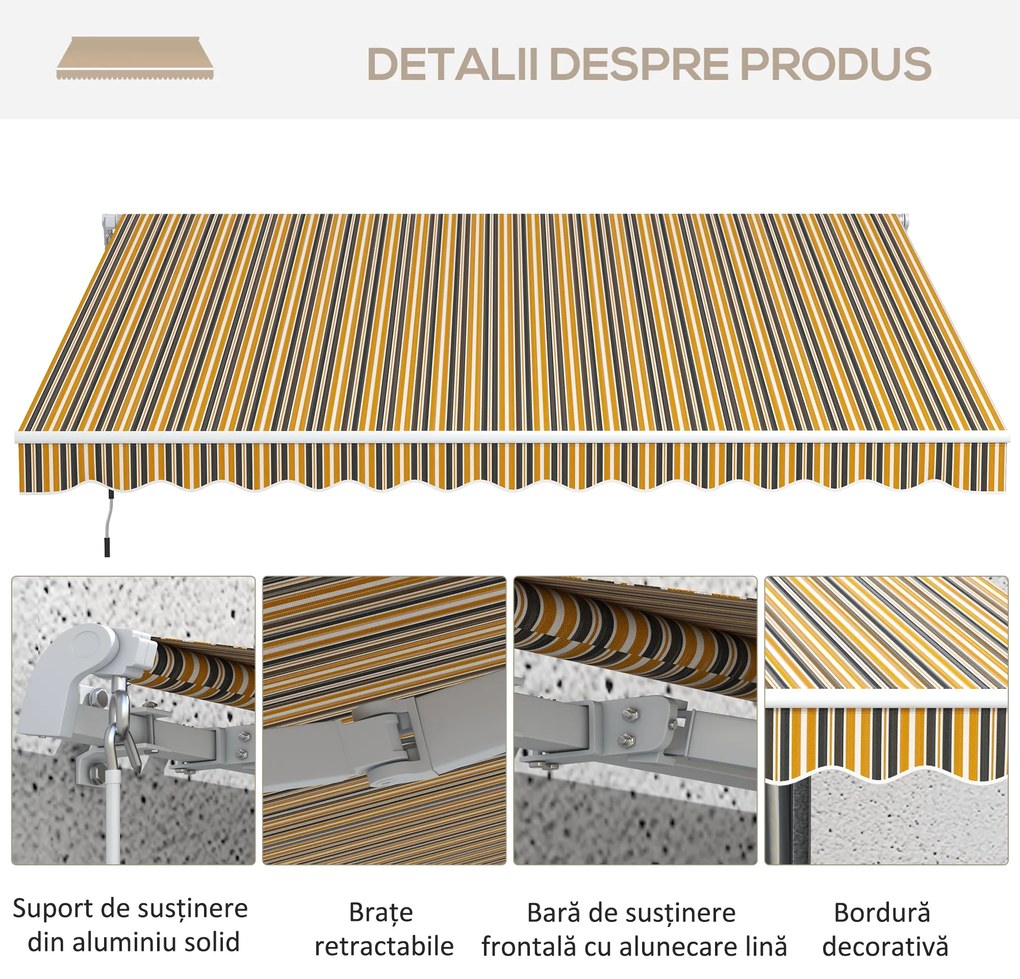 Outsunny Copertină Pliabilă pentru Exterior, Copertină Tip Roll-Up cu Deschidere Manivelă, 350x250 cm, Galben | Aosom Romania