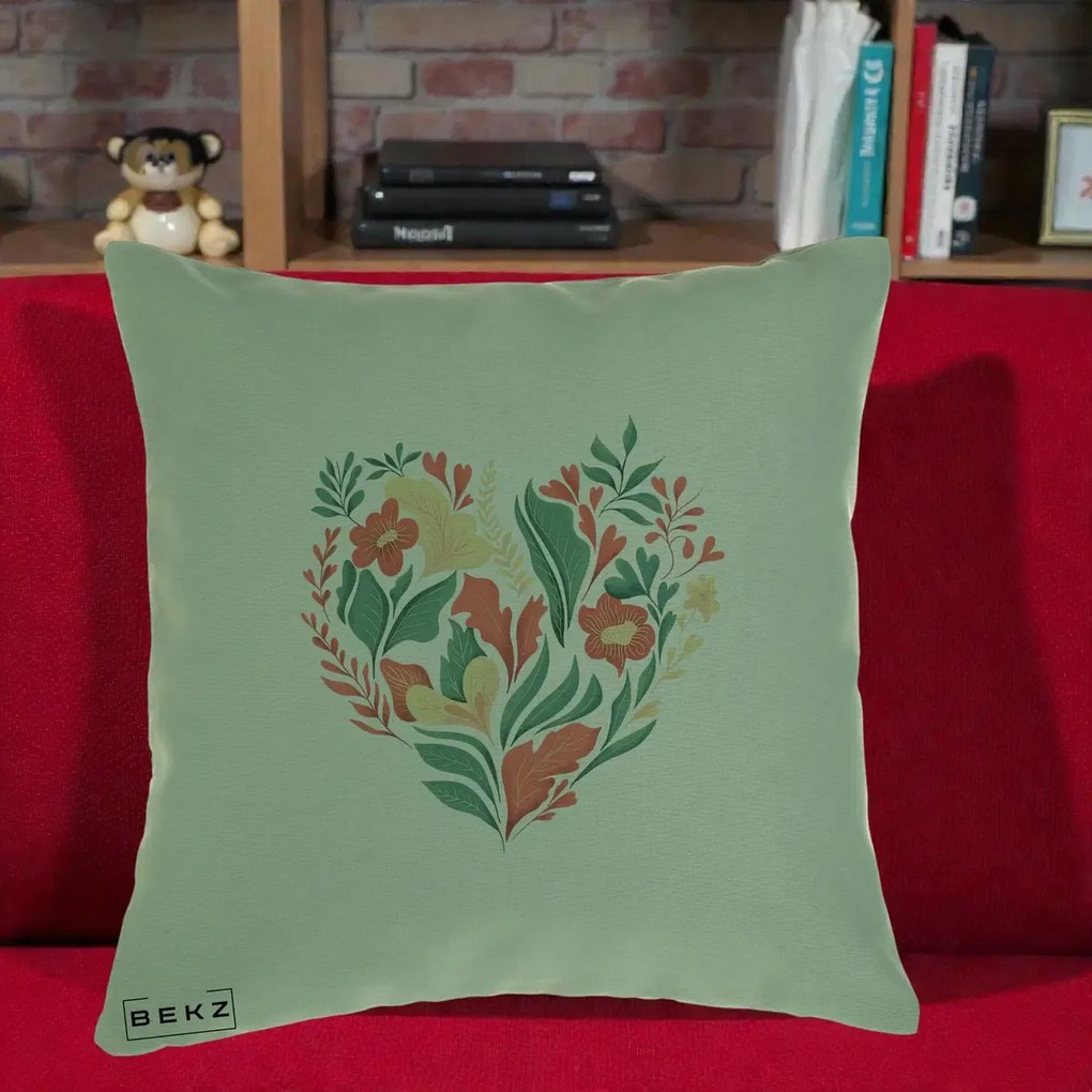 Perna Decorativa Inima Florala Botanica, 40x40 cm, Verde, Husa Detasabila, Perna Inclusa, BEKZ®
