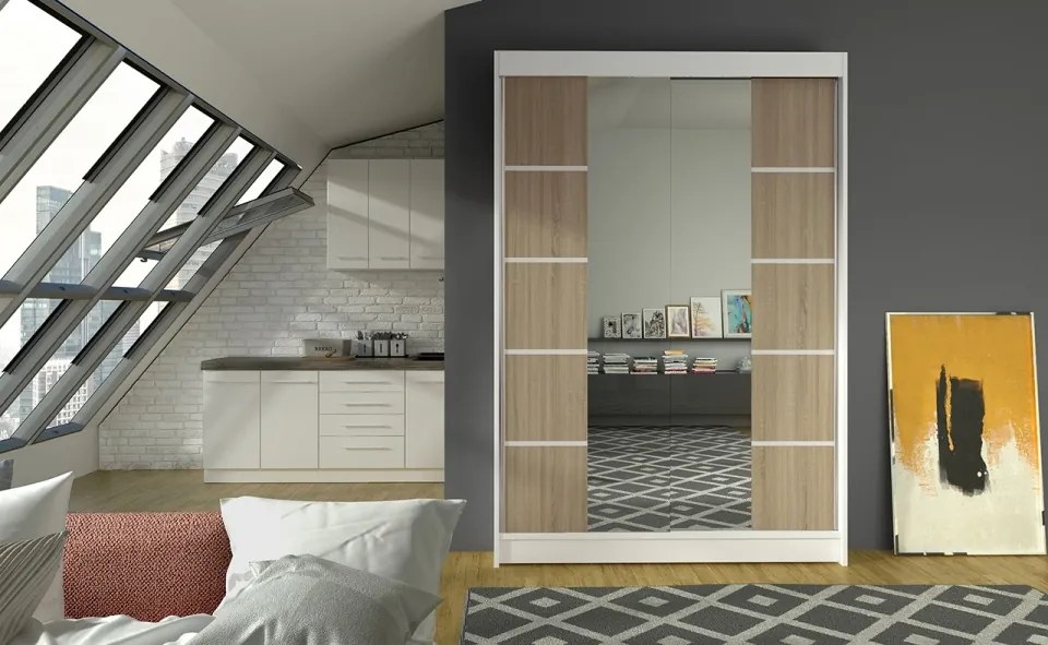 Dulap Dormitor Genua ADRK 120 x 200 cm cu Uși Glisante și Oglindă | Design Modern | Spații de Depozitare Generoase (Culoare: Casmir)
