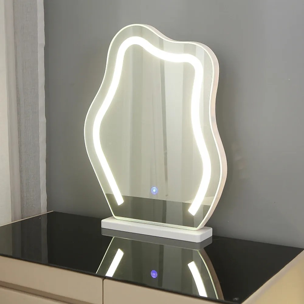 Set HANA – Masă de Toaletă pentru Machiaj, Incărcare Wireless, Blocare Amprentă, Blat sticlă, Iluminare LED 3 culori, Alb/Negru