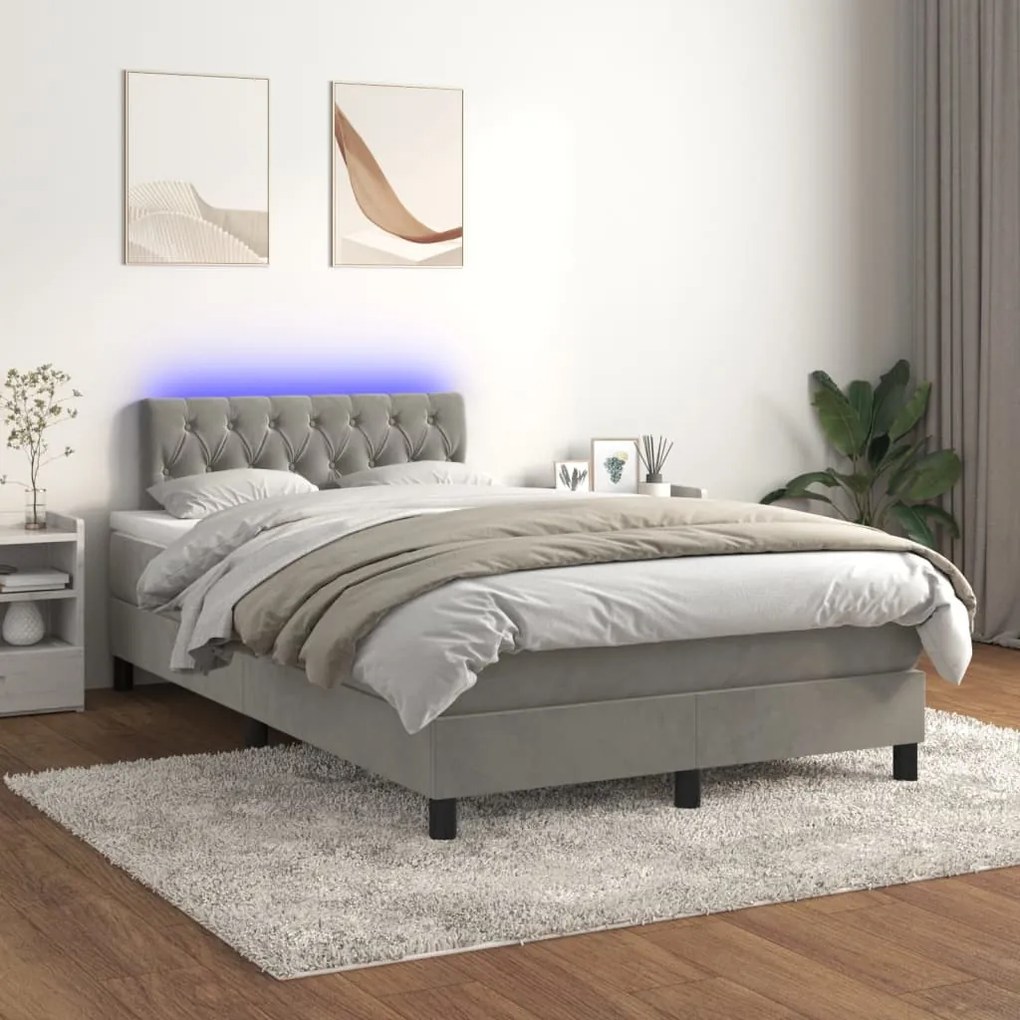3134573 vidaXL Pat cu arcuri, saltea și LED, gri deschis, 120x200 cm, catifea