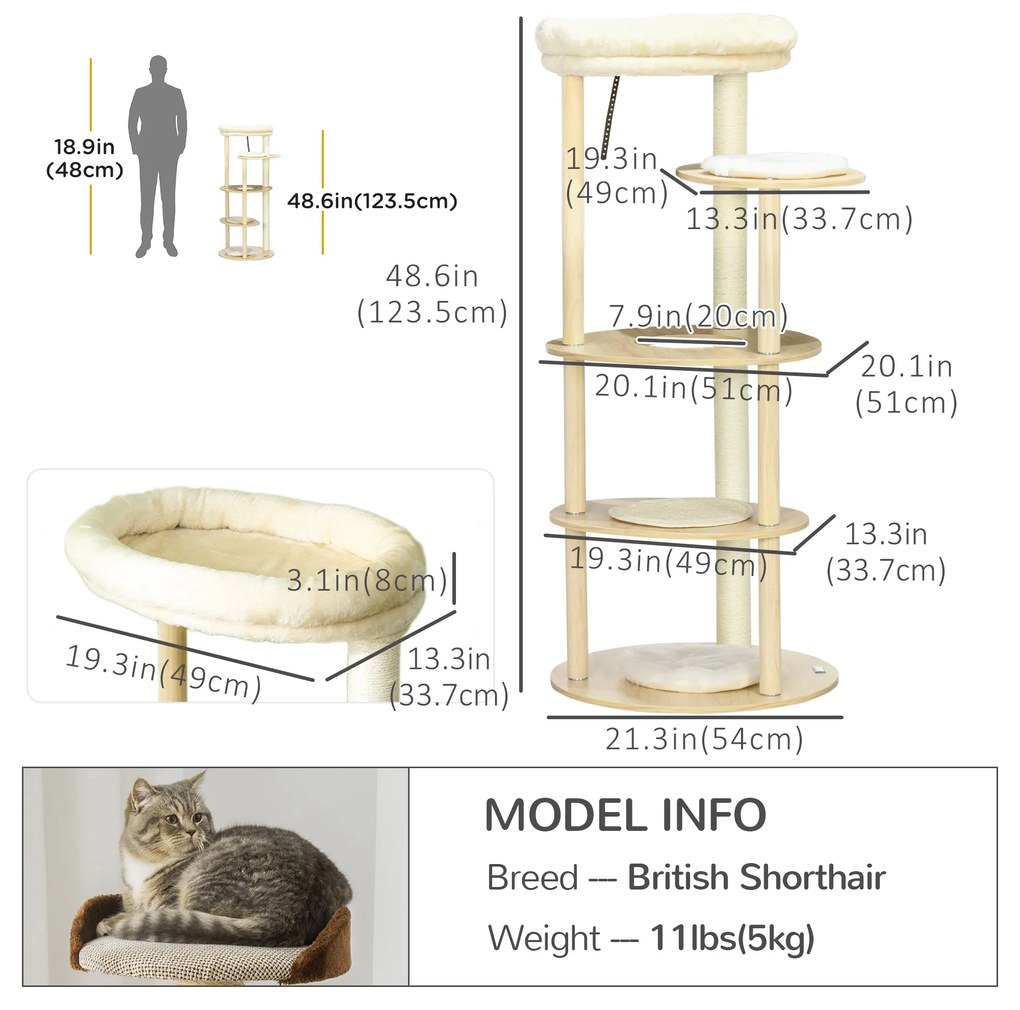 PawHut Ansamblu Multifuncțional pentru Pisici din PAL și Lemn cu Stâlp de Zgâriat din Sisal, Pat de Pluș, Ø54x123.5 cm, Stejar | Aosom Romania