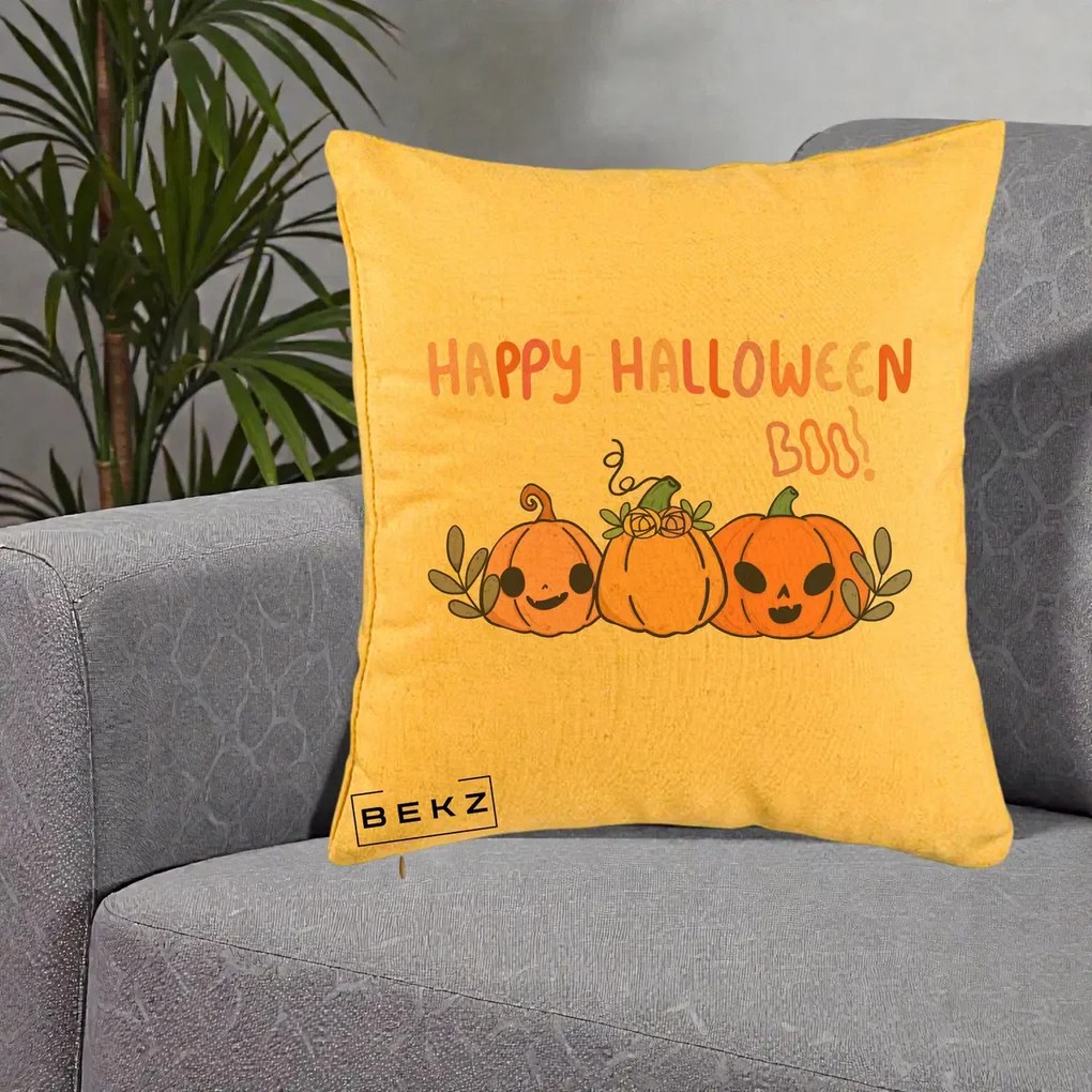 Perna Decorativa Happy Halloween Boo Trei Dovlecei Kawaii, 40x40 cm, Galben, Husa Detasabila, Perna Inclusa, BEKZ®