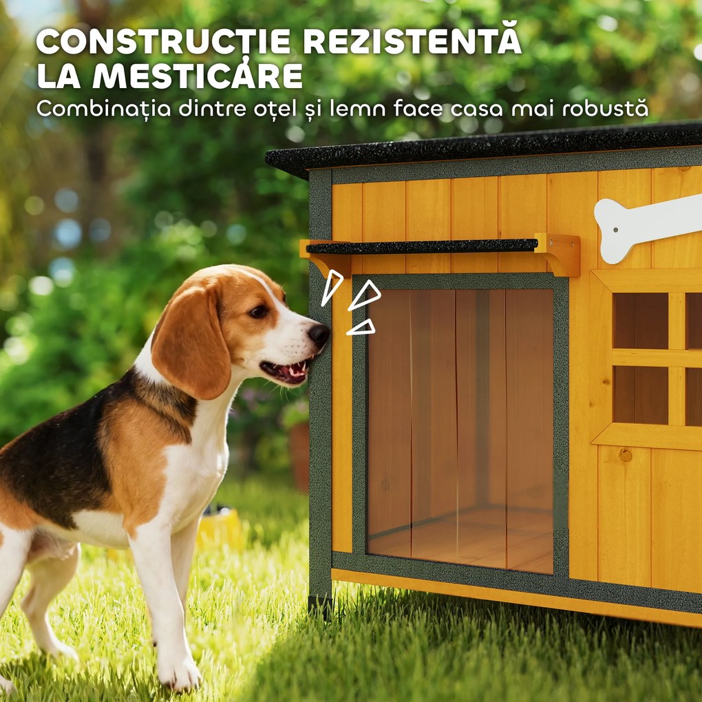 PawHut Cușcă pentru câini de exterior din lemn și oțel rezistent la mușcături, cu acoperiș rabatabil și perdea pentru ușă, galben | Aosom Romania