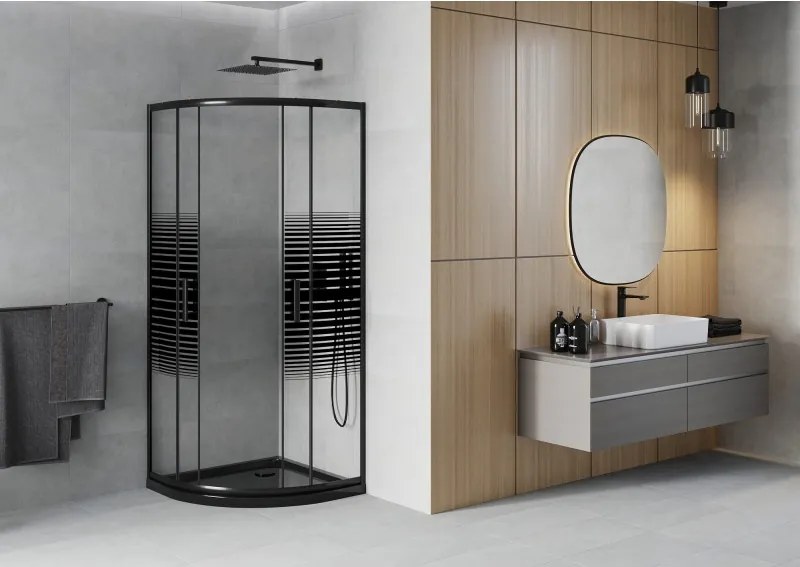 Mexen Rio cabina de duș semicirculară 80 x 80 cm, benzi negre, neagră + cadă de duș Flat, neagră - 863-080-080-70-20-4170B