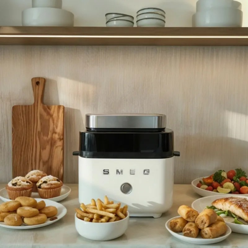 Friteuza cu aer cald Smeg Collezione AFC01WHMAU, 1450 W, 7,3 l, 40-200 °C, 7 programe, Mod dublu, Comandă tactila, Timer, LED, Alb