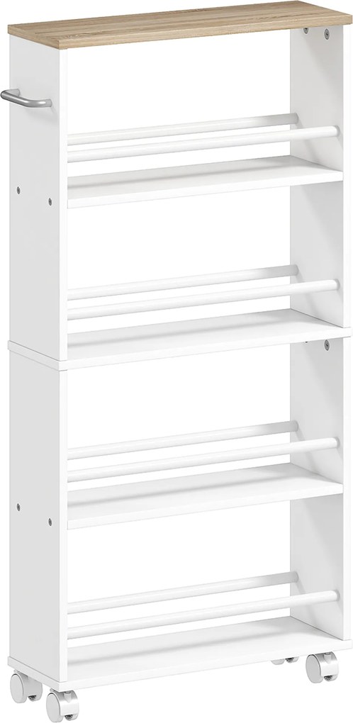 HOMCOM Raft multifuncțional cu roți, construcție îngustă, 4 compartimente, 45x15x91 cm, Lemn natural | Aosom Romania