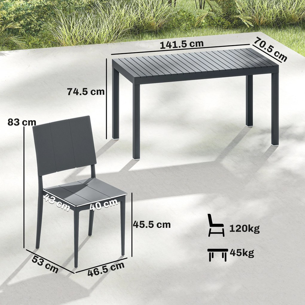 Outsunny Set mobilier de grădină, grup de scaune 5 piese, masă lată cu 4 scaune stivuibile, design lamelar pentru 4 persoane, gri închis | Aosom Romania