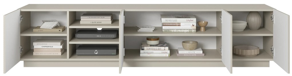 Comodă TV Asha 200 cm cu partea frontală canelat și nișă – bej cashmere