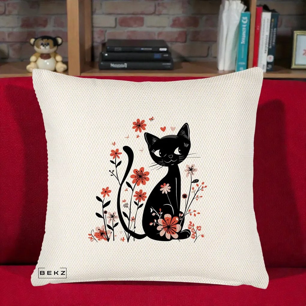 Perna Decorativa Pisica Neagra Flori Roz si Inimi, 40x40 cm, Crem Reliefat, Husa Detasabila, Perna Inclusa, BEKZ®