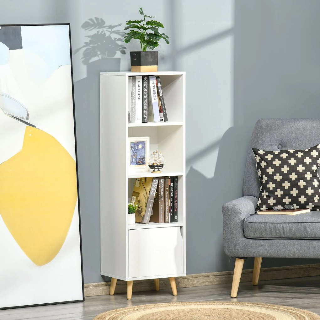 HOMCOM Biblioteca cu Rafturi pentru casa cu 3 Etajere si 1 Dulapior, Raft biblioteca din Lemn,40x30x129,5cm, Alb | Aosom Romania