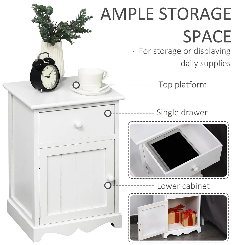 HOMCOM Set Noptiera cu 2 piese din Lemn cu Sertar si Dulap Design Retrò, 35x30x49cm Culoarea Alba | AOSOM.ro