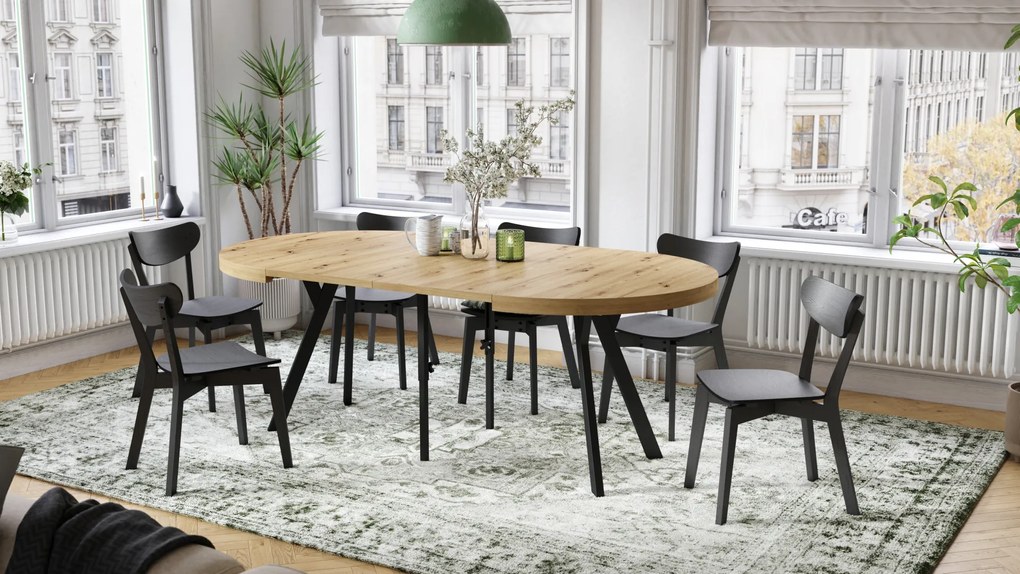 Mazzoni EXPANSO Stejar Artisan/picioare negre - MASĂ MARE ROTUNDĂ Ø110 EXTENSIBILĂ PÂNĂ LA 310 cm CU PICIOARE Y LOFT/INDUSTRIALĂ