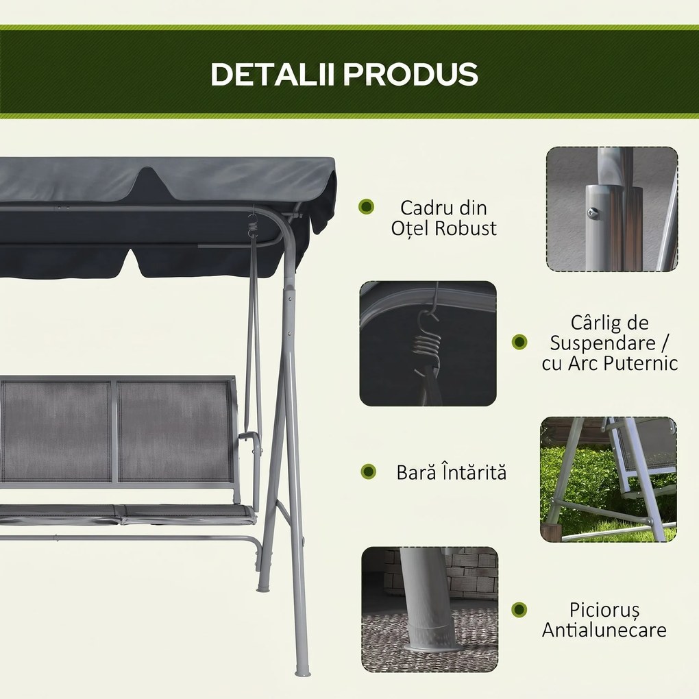 Outsunny Leagăn de grădină 3 locuri cu acoperiș parasolar reglabil și detașabil, șezut respirabil din poliester, capacitate 240 kg, 171x108x154 cm, gri închis | Aosom Romania