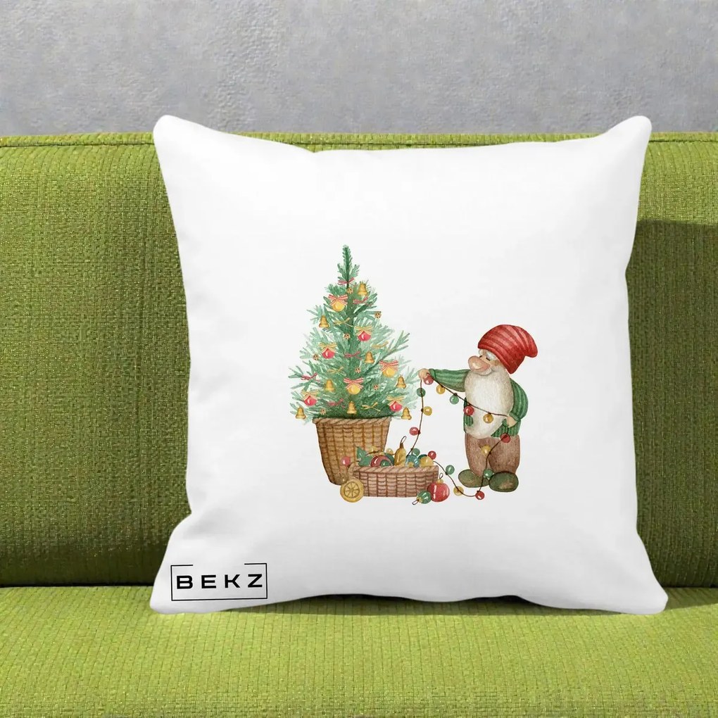 Perna Decorativa Pitic de Craciun cu Brad, 40x40 cm, Alba Mata, Husa Detasabila, Perna Inclusa, BEKZ®
