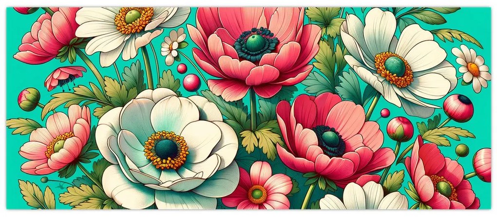 Tablou - Flori pe fundal albastru (120x50 cm)
