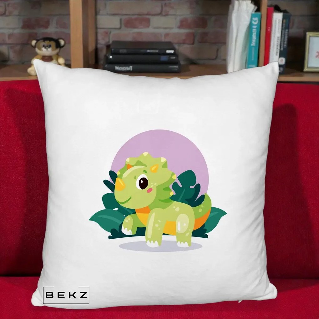 Perna Decorativa Triceratops Kawaii Verde, 40x40 cm, Alb Pufos, Husa Detasabila, Perna Inclusa, BEKZ®