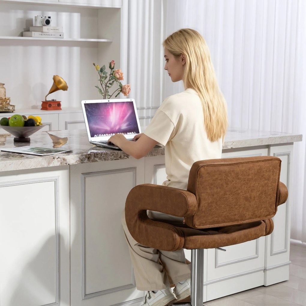 HOMCOM Taburet de Bar cu Înălțime Reglabilă, Scaun Înalt din PU cu Spătar, Suport pentru Picioare, Cotiere și Șezut Moale, Structură din Oțel, Rotativ la 360°, pentru Bucătărie, Maro | Aosom Romania