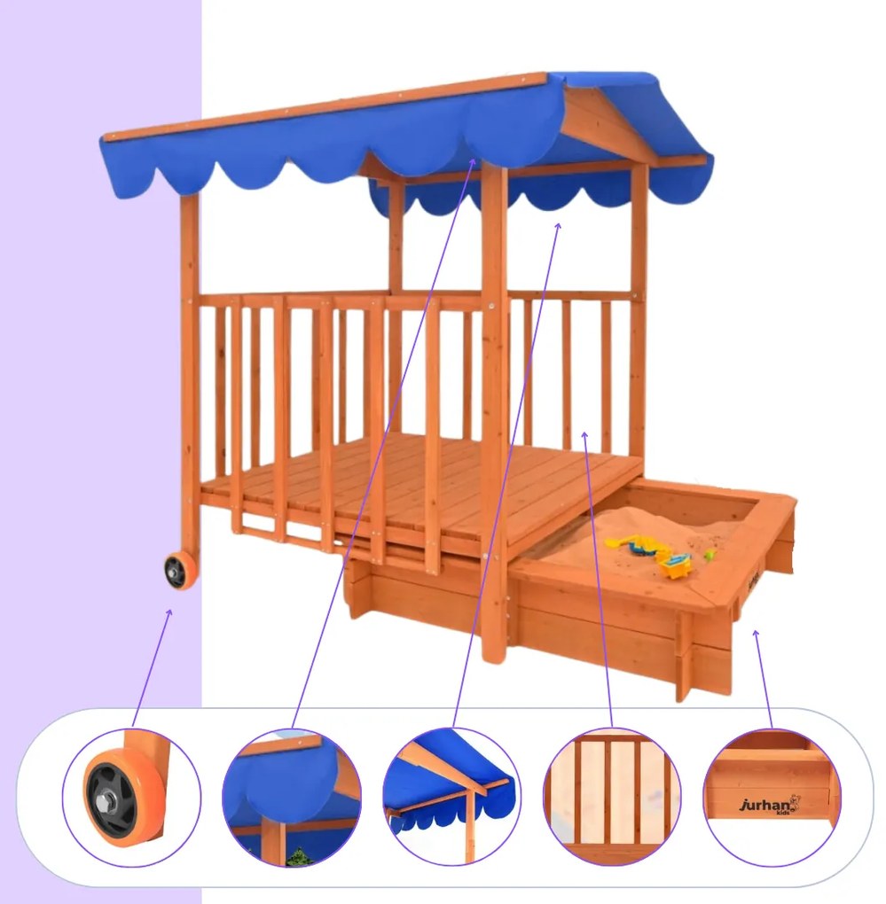 Groapa cu nisip cu verandă HAPPY, 130x130x143cm, maro/albastru Jurhan