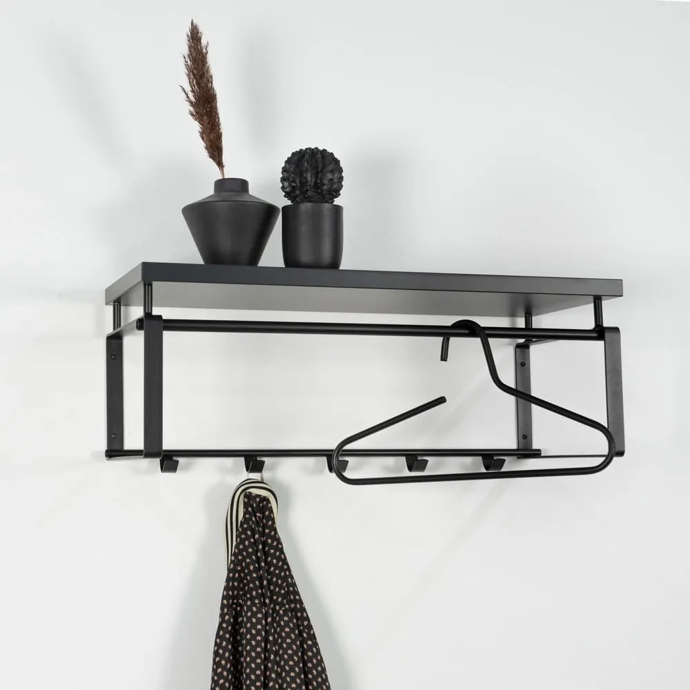 Cuier de perete negru cu raft din metal 70 cm Rex – Spinder Design