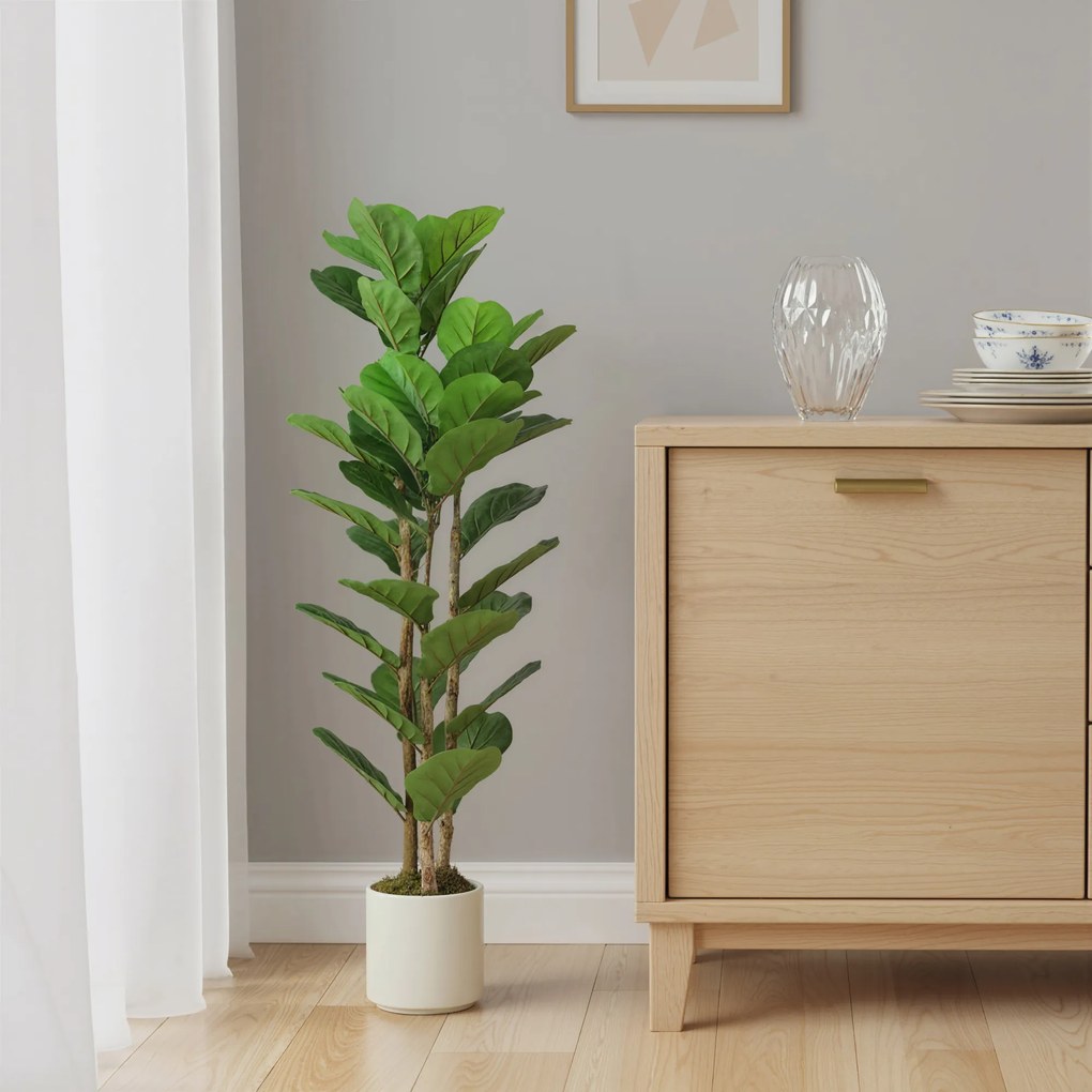 HOMCOM Plantă artificială de interior 120 cm Ficus lyrata arbore artificial cu ghiveci din plastic și trunchi din lemn masiv, verde | Aosom Romania