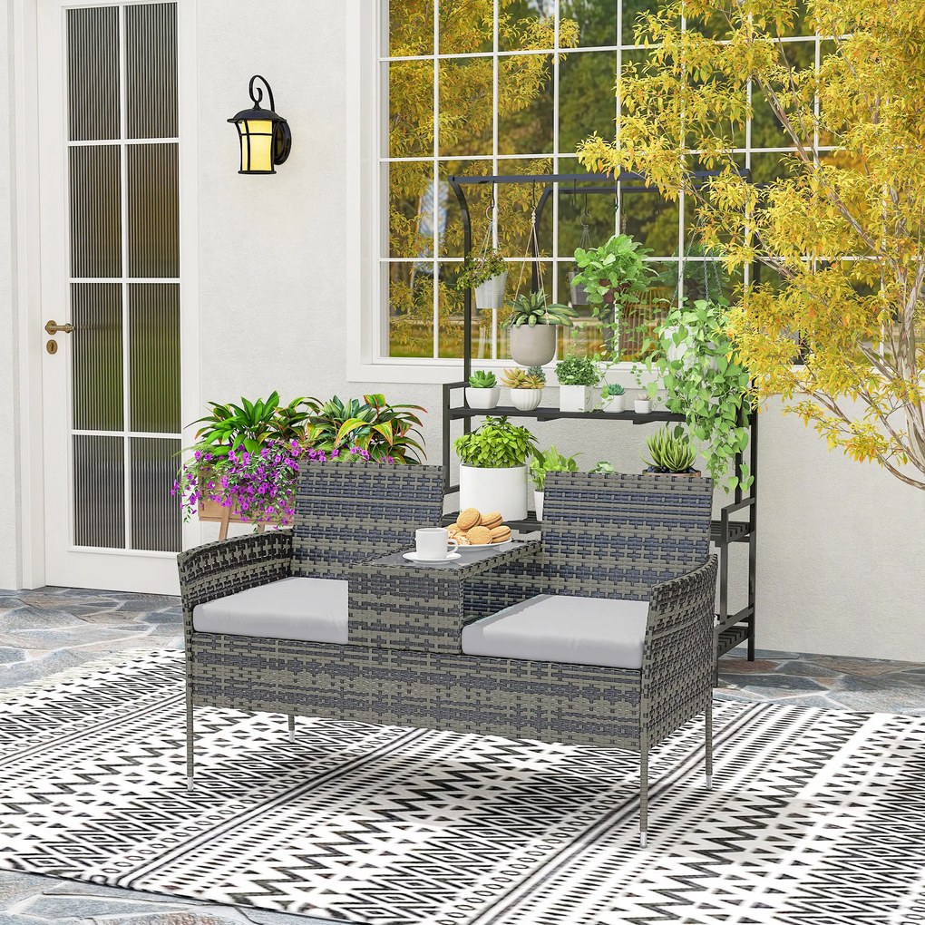 Outsunny Bancă de Grădină cu 2 Locuri din Rattan și Oțel, Bancă de Exterior cu Perne și Măsuță Centrală cu Blat din Sticlă Securizată, 135x64x81 cm, Gri Închis | Aosom Romania