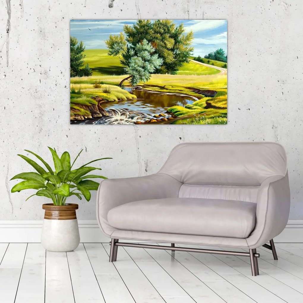 Tablou - Râu între câmpii, pictură în ulei (90x60 cm)