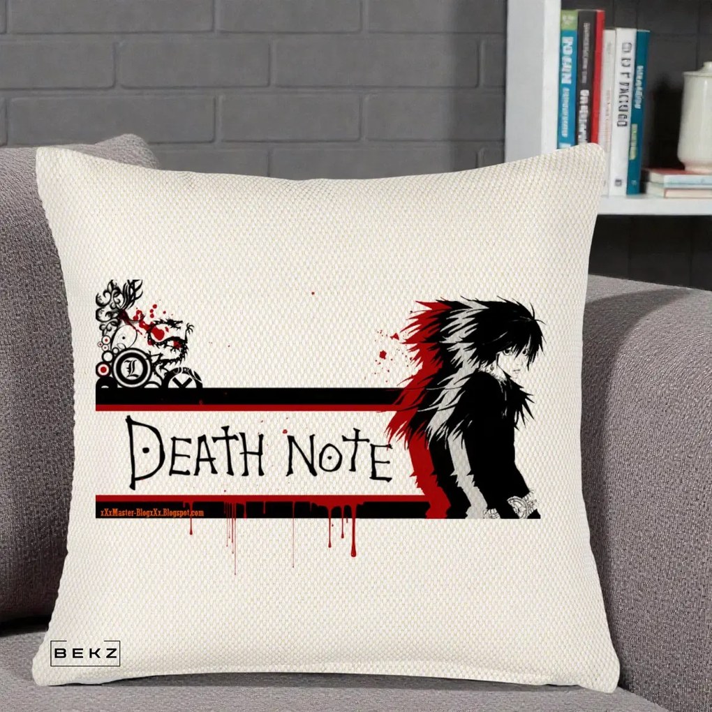 Perna Personalizata Death Note L Lawliet Rosu-Negru, 40x40 cm, Crem Reliefat, Husa Detasabila, Perna Inclusa, BEKZ®